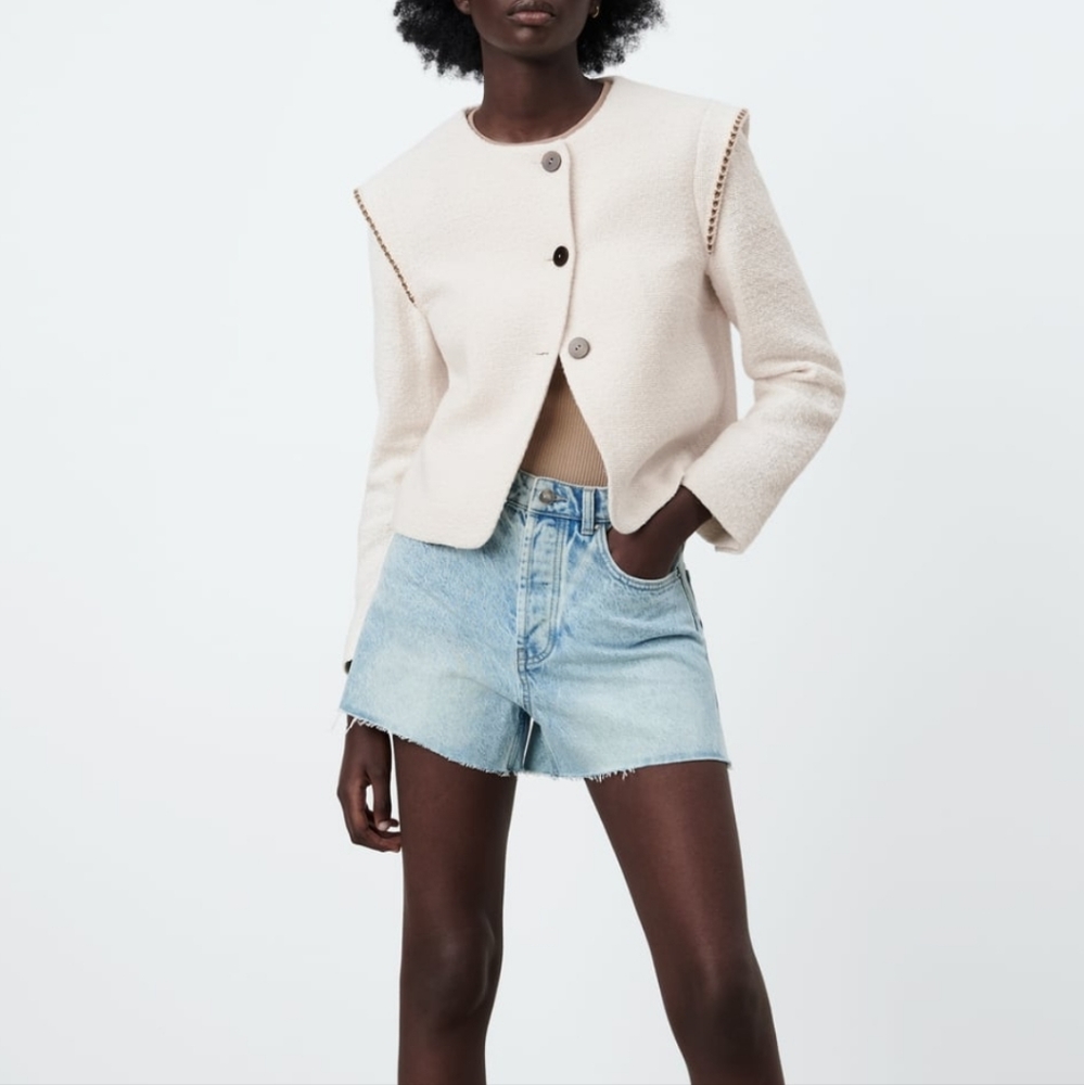 Pronounced shoulder, textured jacket, Zara, size M, cream, EUC - Picture 1 of 5